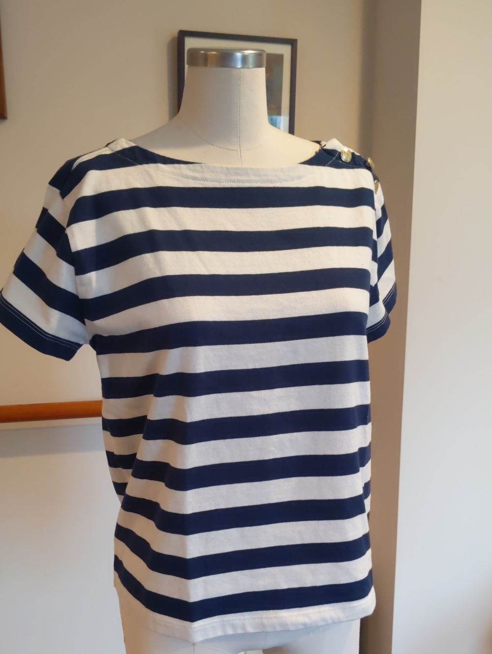 J. Crew Factory Navy and White Striped Short Sleeve Tee with Gold Buttons